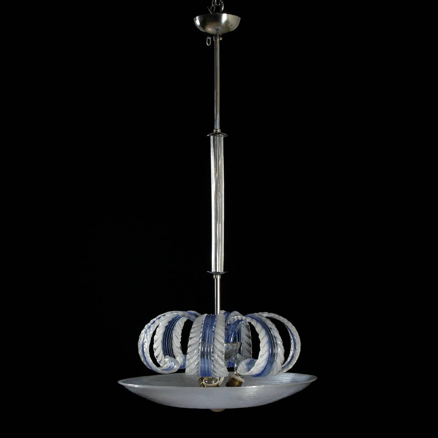 A metal and blown glass hanging lamp. Manufactured in Italy, 1940s.