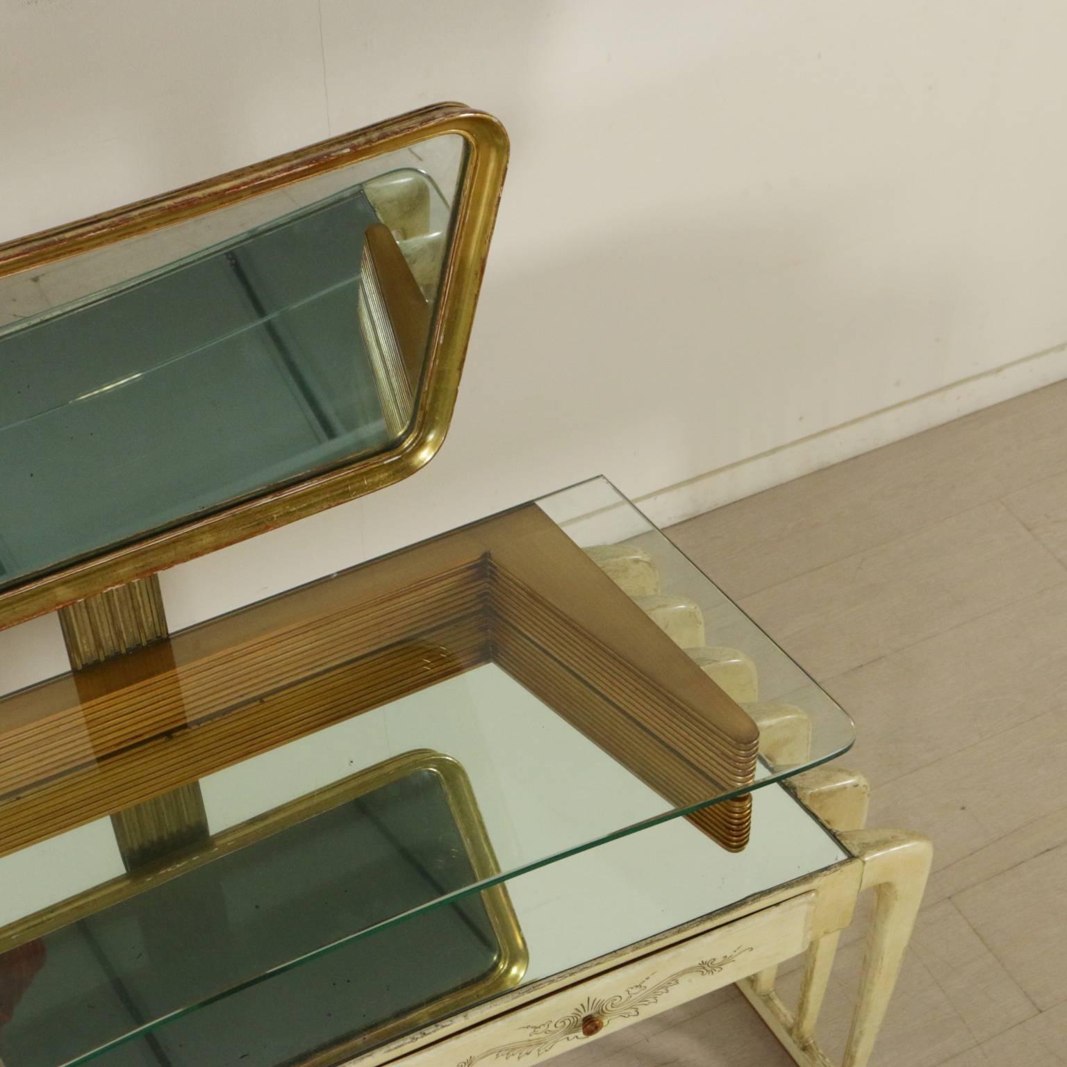 Elegant Dressing Table with Mirror Wood Parchment Glass Vintage Italy, 1950s 1