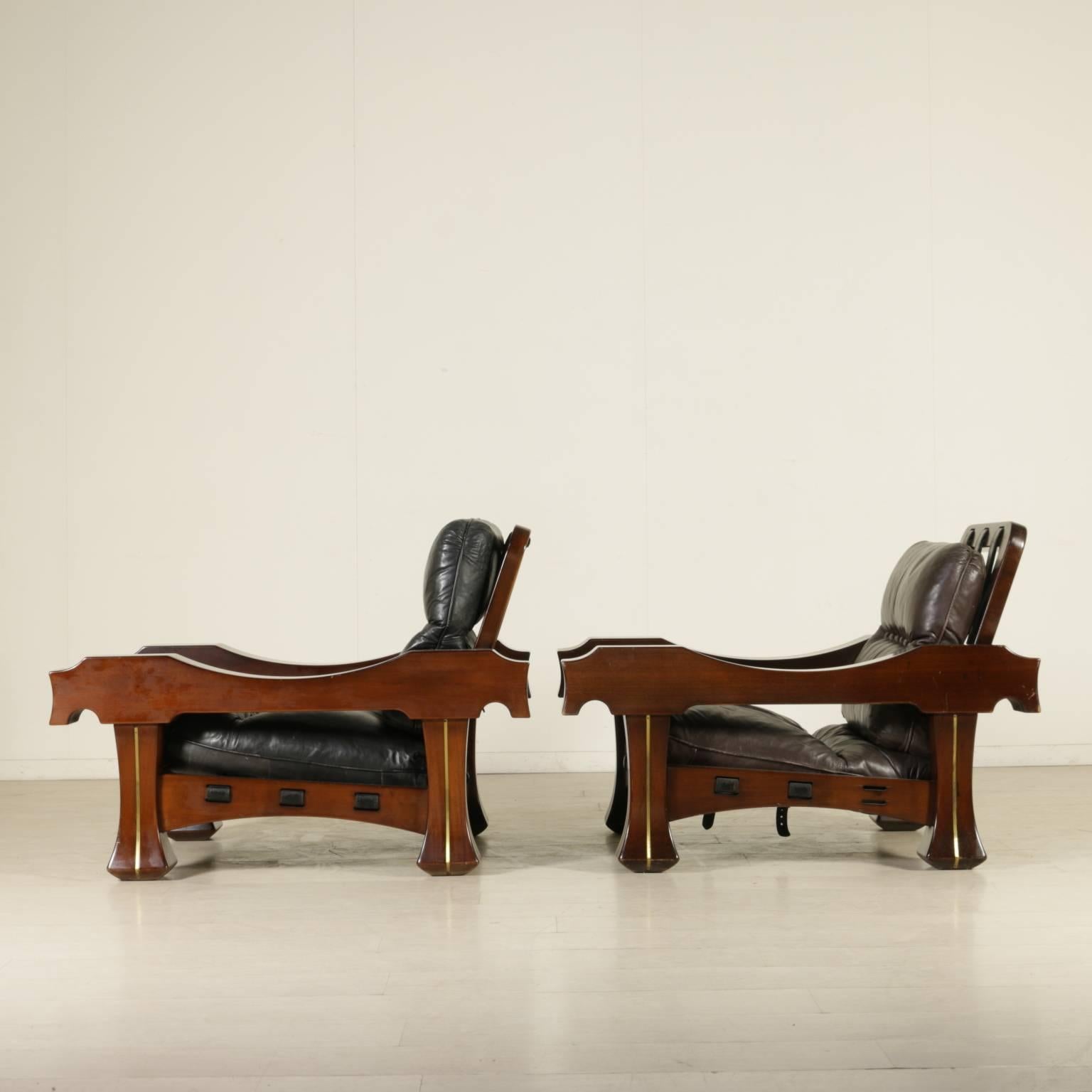 Two Armchairs with Footrest by Luciano Frigerio Mahogany Vintage, Italy, 1960s 1