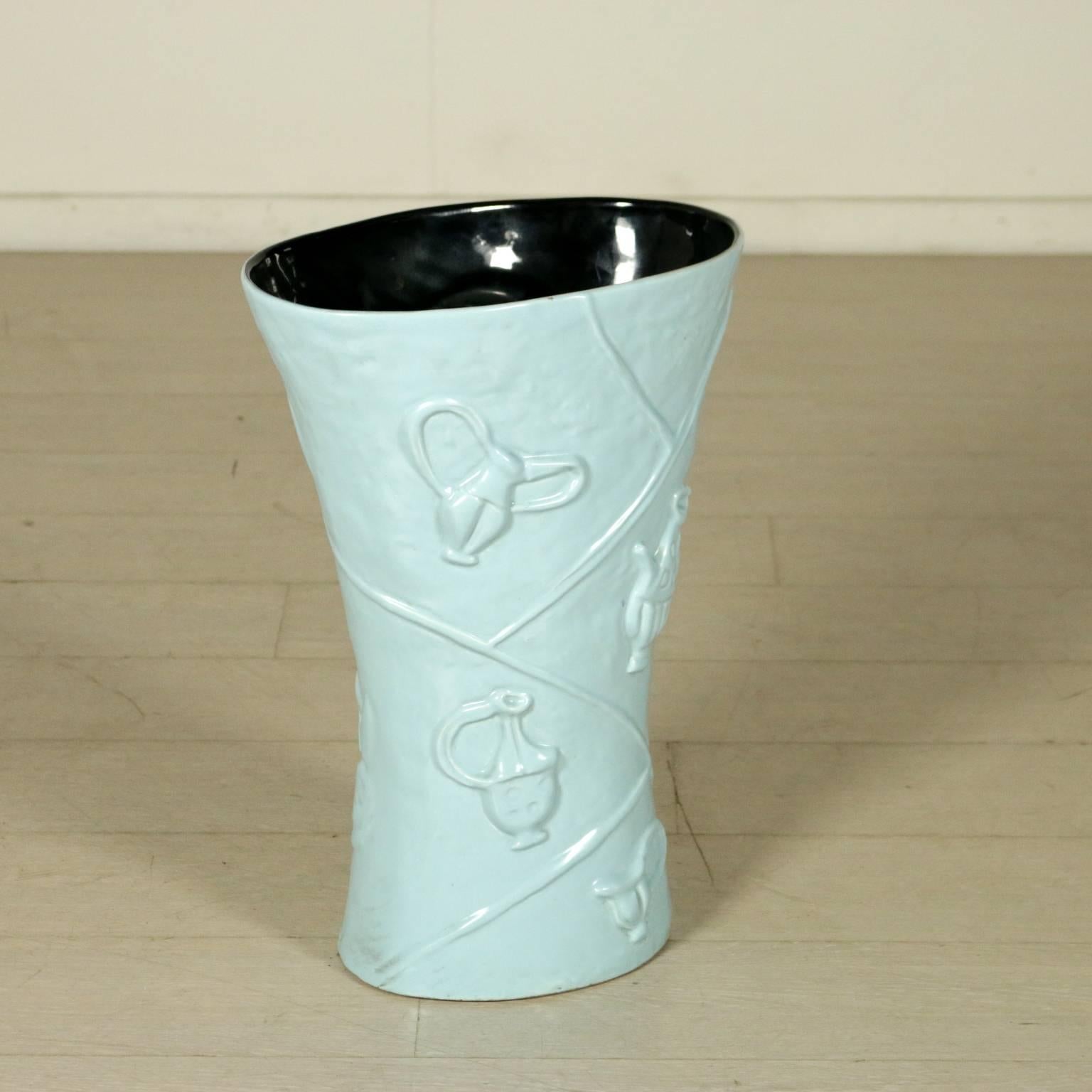 A ceramic vase/umbrella stand designed by Antonia Campi with embossed decorations. Manufactured in Italy by Società Ceramica Italiana di Laveno, 1950s. Manufacture mark underneath the base.