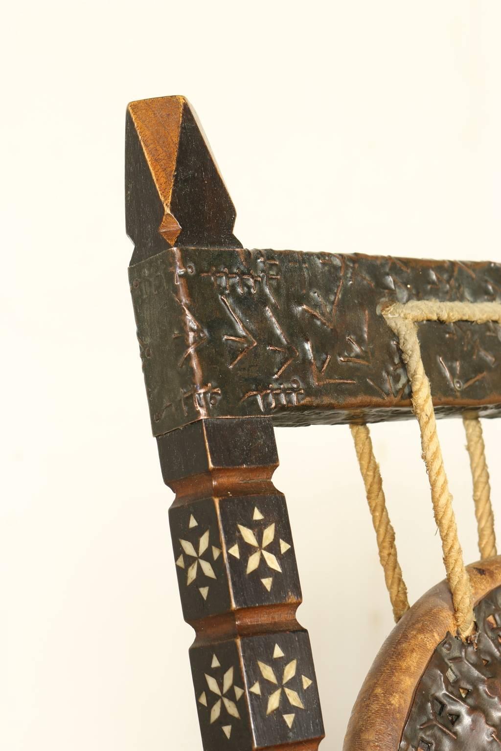 Mid-Century Modern Two Chairs by Carlo Bugatti Walnut Copper Bone Leather Italy, Early 20th Century
