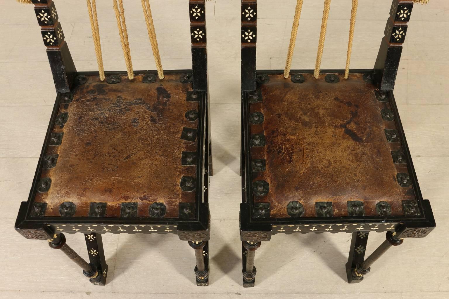 Two Chairs by Carlo Bugatti Walnut Copper Bone Leather Italy, Early 20th Century 1