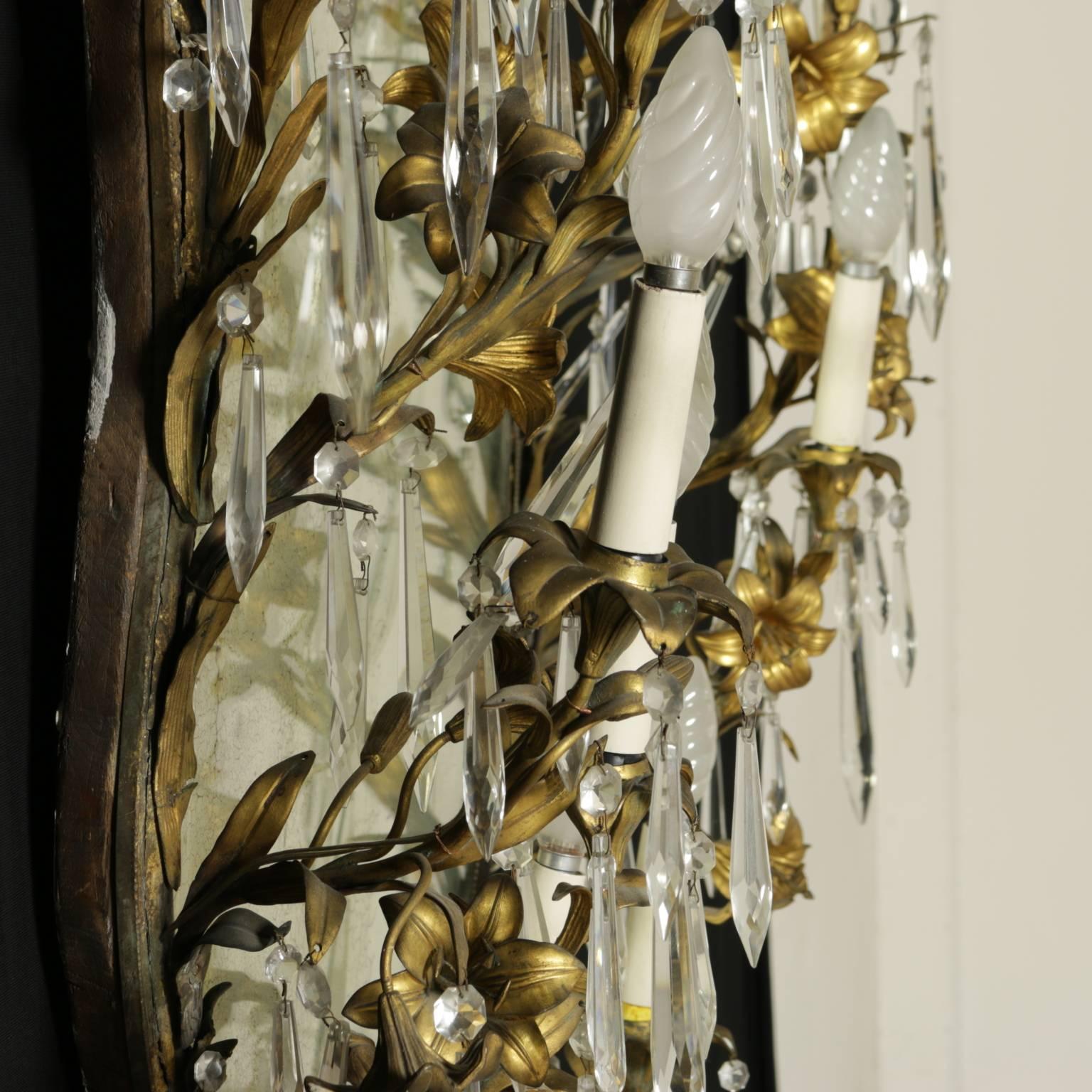 Italian Elegant Mirror Frame with Antique Mirror Bronze Lilies Crystal Pendants, Italy
