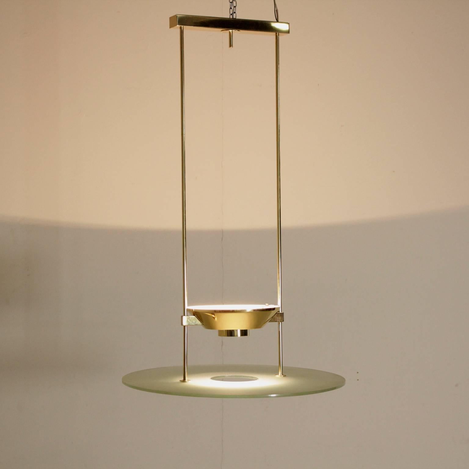Ceiling lamp by Lumi, brass, glass, satin polished wire. Manufactured in Italy, 1980s.