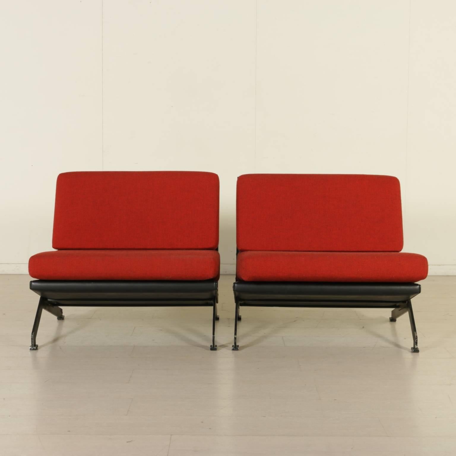 Pair of armchairs designed by Giulio Moscatelli for Fromanova, oxidized steel structured, padded wooden seat with leather upholstery, fabric upholstered foam cushions. Manufactured in Italy, 1960s-1970s. Model: Alessandra.