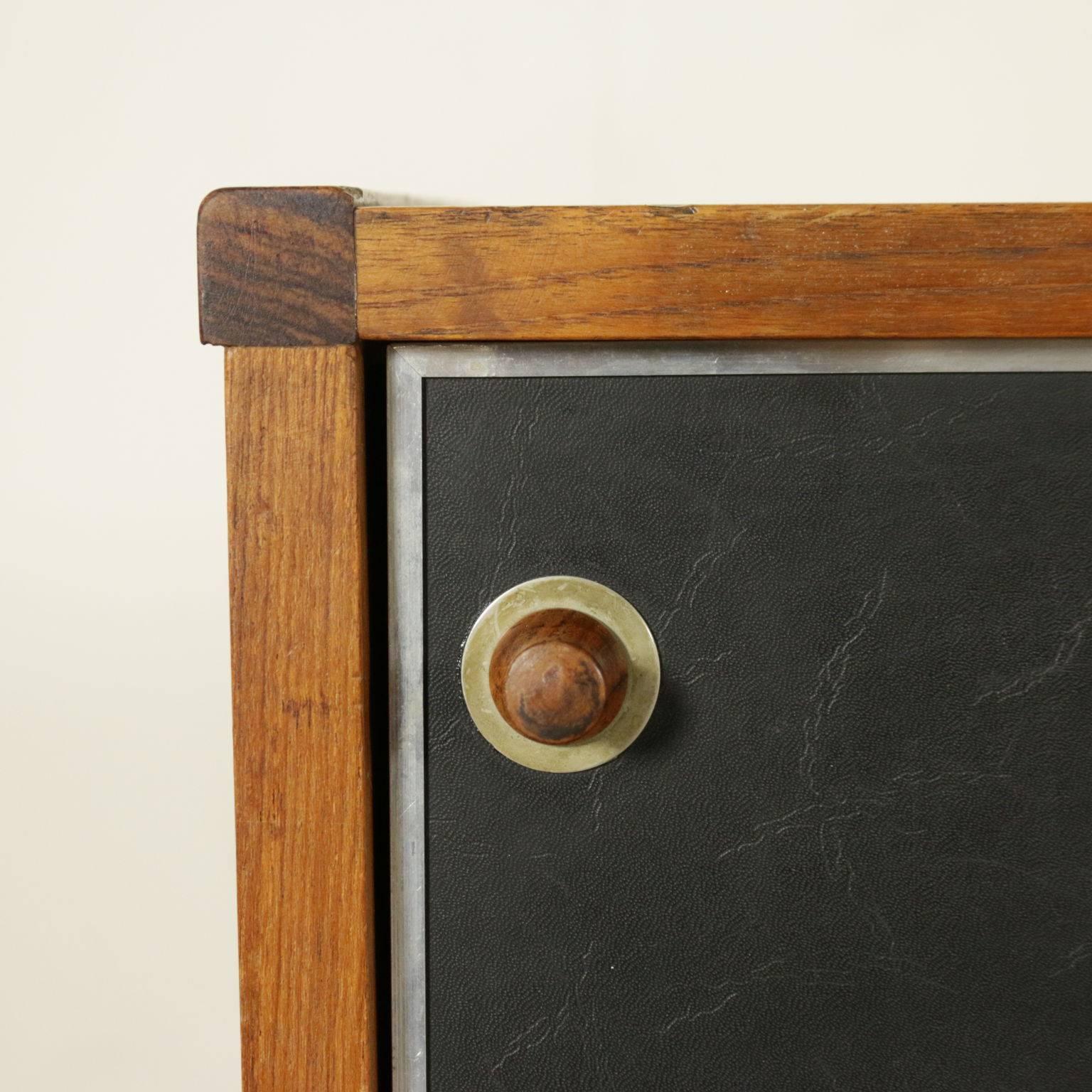 Sideboard Teak Veneer Leatherette Aluminium Brass Vintage, Italy, 1960s In Good Condition In Milano, IT