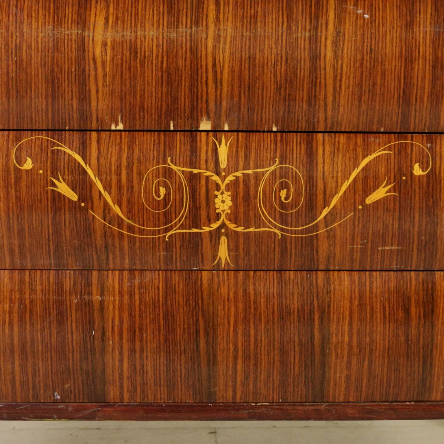 Mid-20th Century Chest of Drawers with Mirror, Rosewood Veneer, Inlaid Floral Decorations