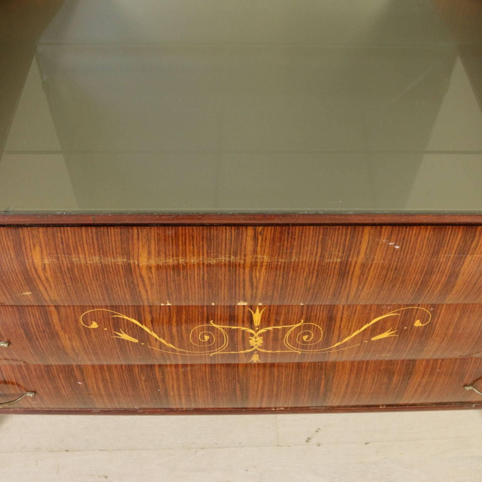 Italian Chest of Drawers with Mirror, Rosewood Veneer, Inlaid Floral Decorations