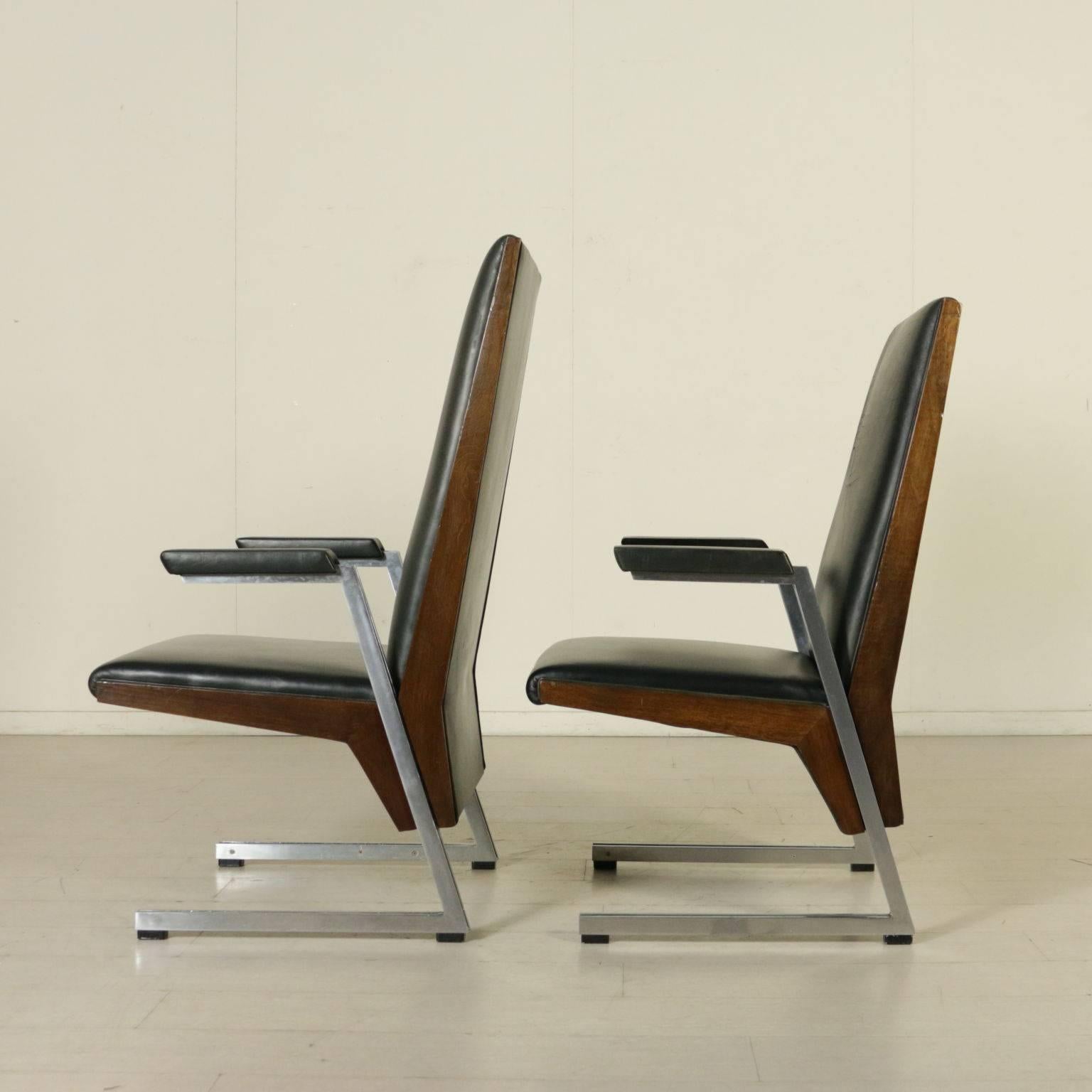 Eight Chairs with Armrests Stained Beech Foam Leatherette Metal, Italy, 1960s 2