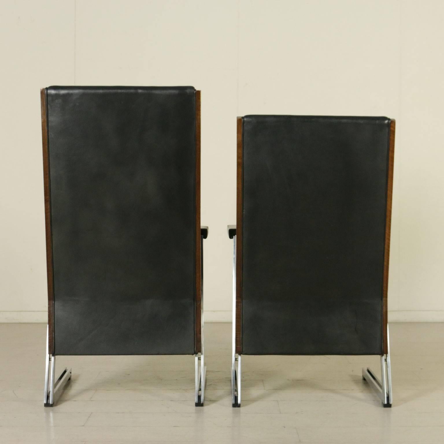 Eight Chairs with Armrests Stained Beech Foam Leatherette Metal, Italy, 1960s 3