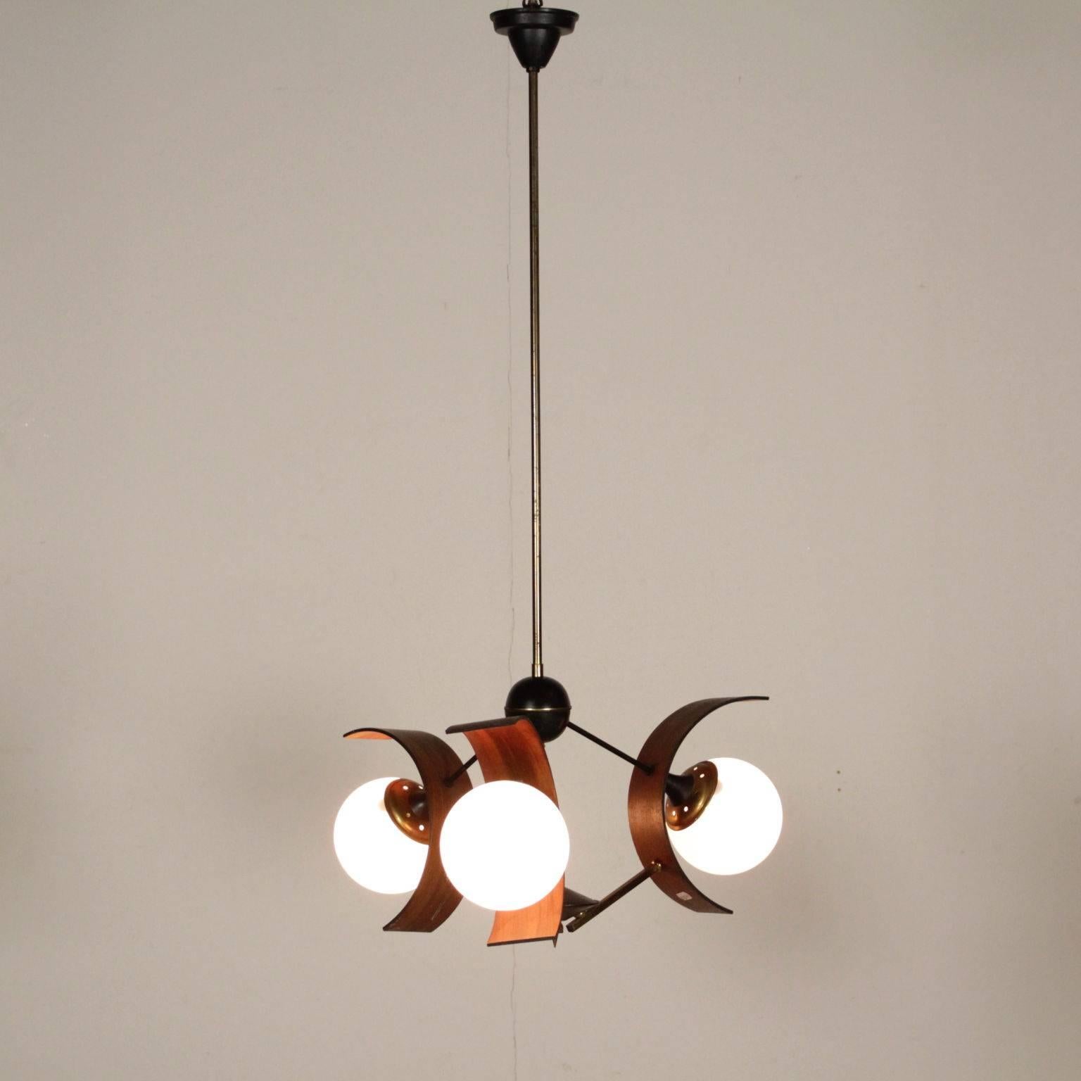 Ceiling lamp, brass, teak, opaline glass. Manufactured in Italy, 1960s.