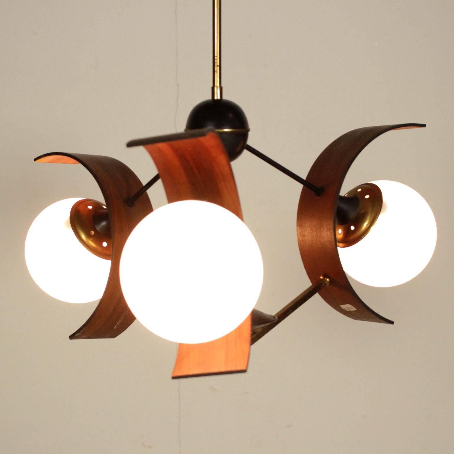 Mid-Century Modern Ceiling Lamp Brass Teak Glass Vintage Manufactured in Italy, 1960s