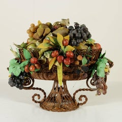 Fruit Basket Wax Iron Blown Glass Wood, Italy, 19th Century
