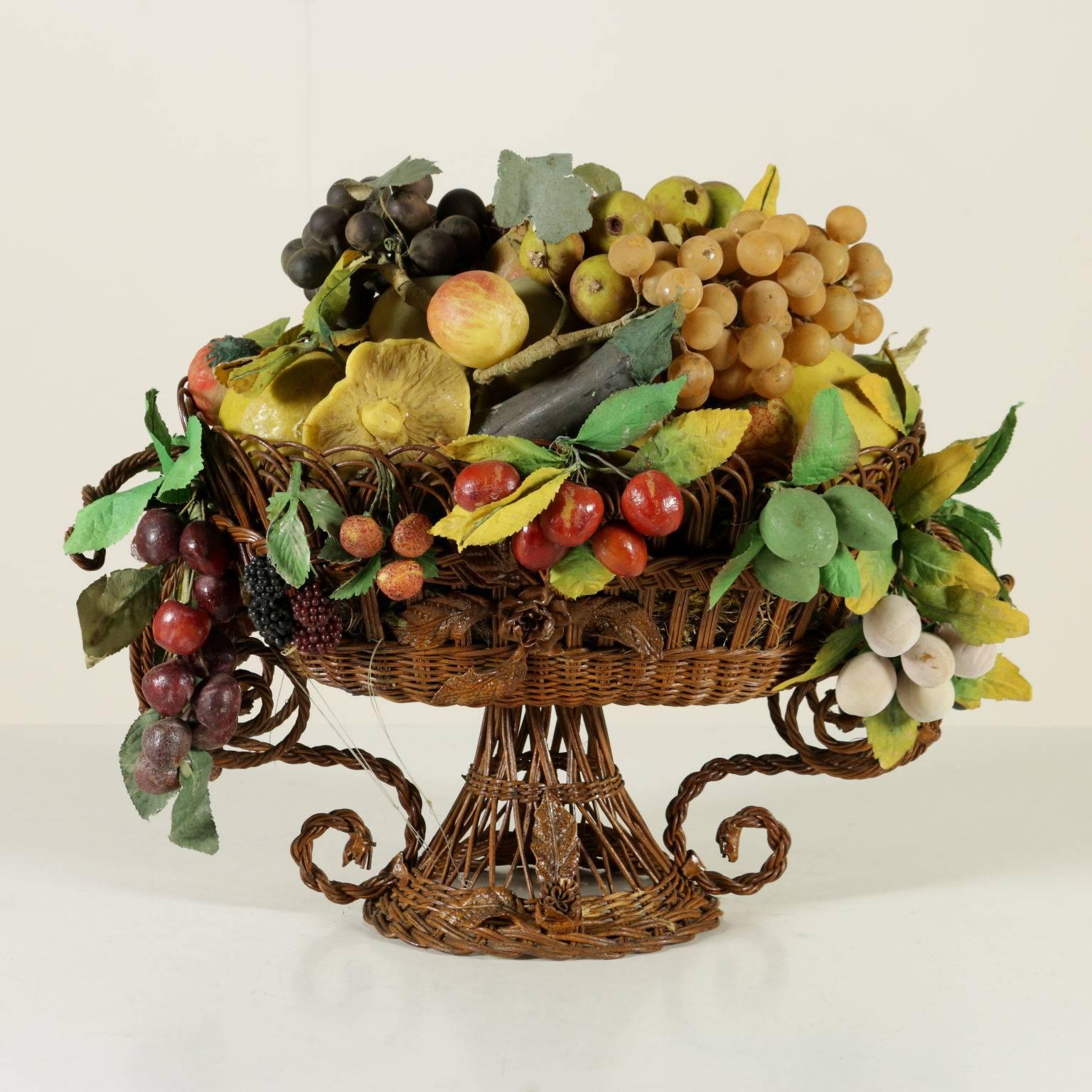 Italian Fruit Basket Wax Iron Blown Glass Wood, Italy, 19th Century