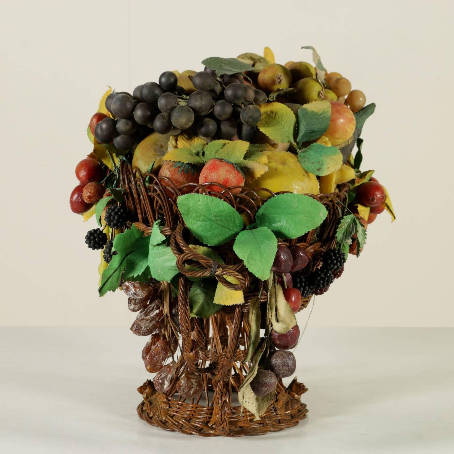 Fruit Basket Wax Iron Blown Glass Wood, Italy, 19th Century In Good Condition In Milano, IT