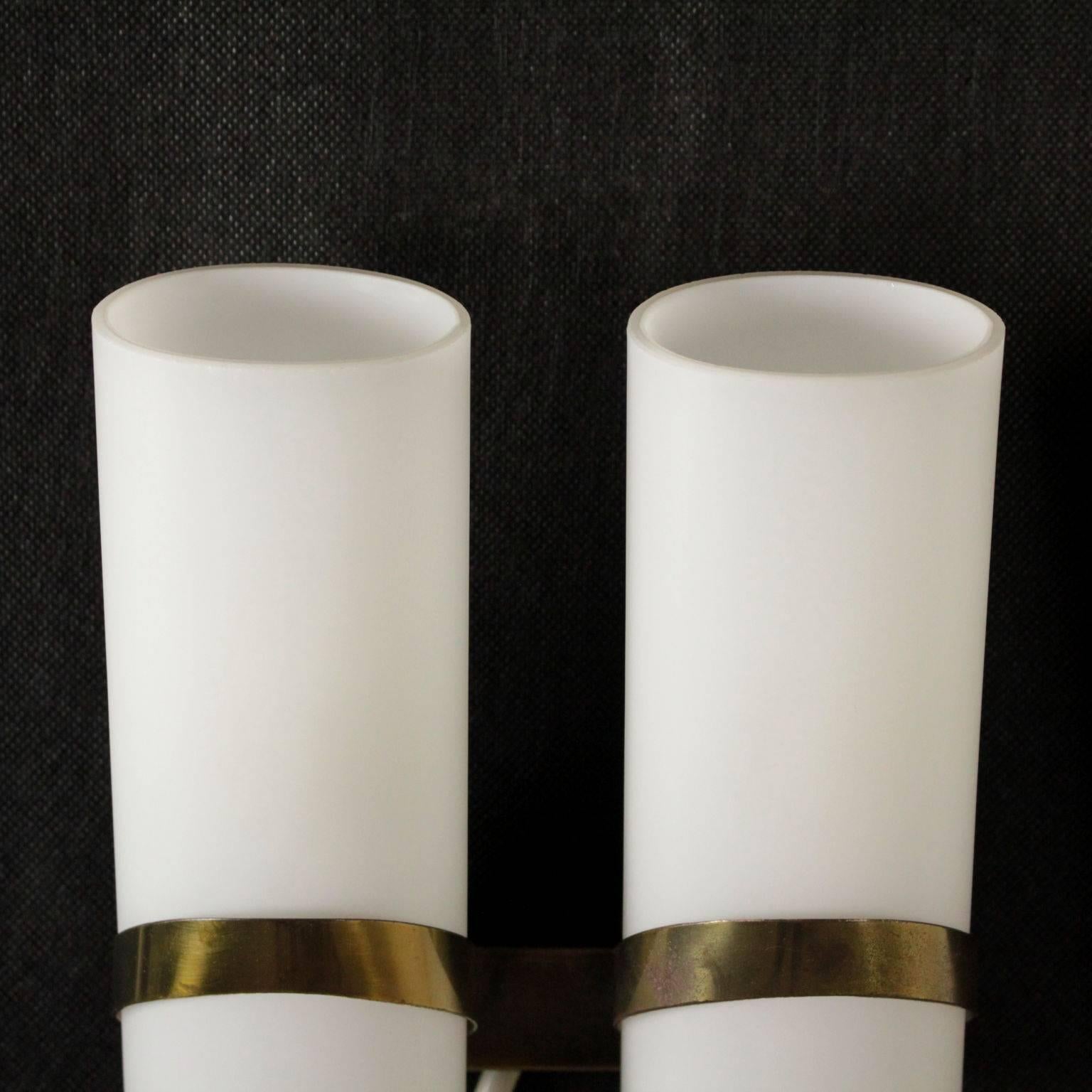 Italian Pair of Wall Lamps Opal Glass Brass Vintage, Italy, 1960s
