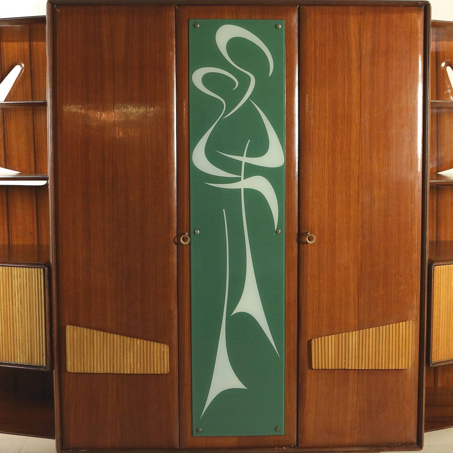Cabinet Mahogany Veneered Wood Retro Glass Treated Vintage, Italy, 1950s In Good Condition In Milano, IT