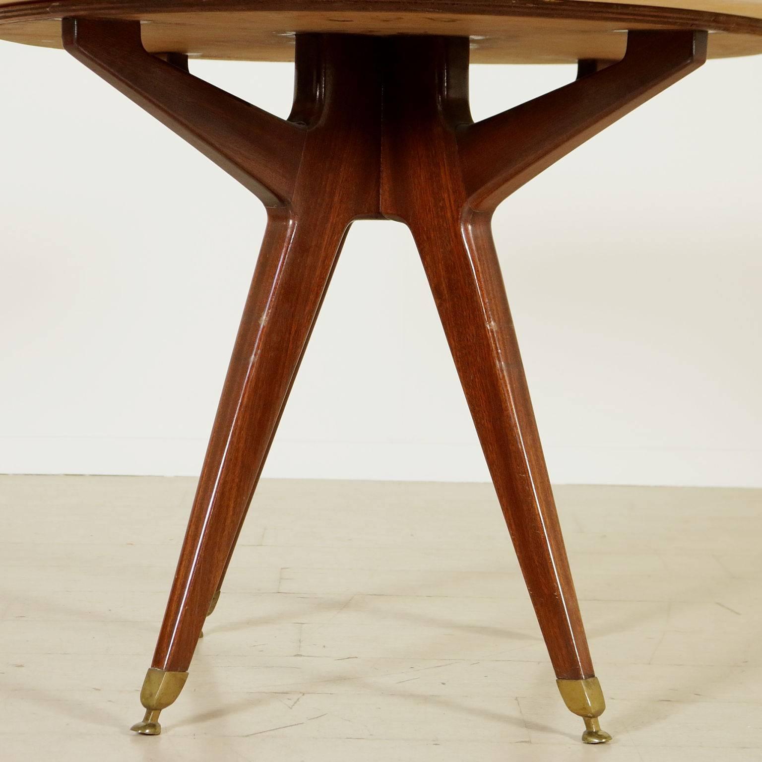 Mid-20th Century Table with Stained Mahogany Legs Brass and Marble Vintage, Italy, 1950s