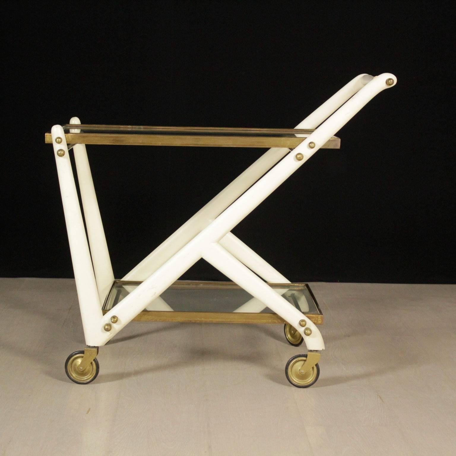 Service Cart Lacquered Wood Brass Glass Vintage Manufactured in Italy, 1950s 2