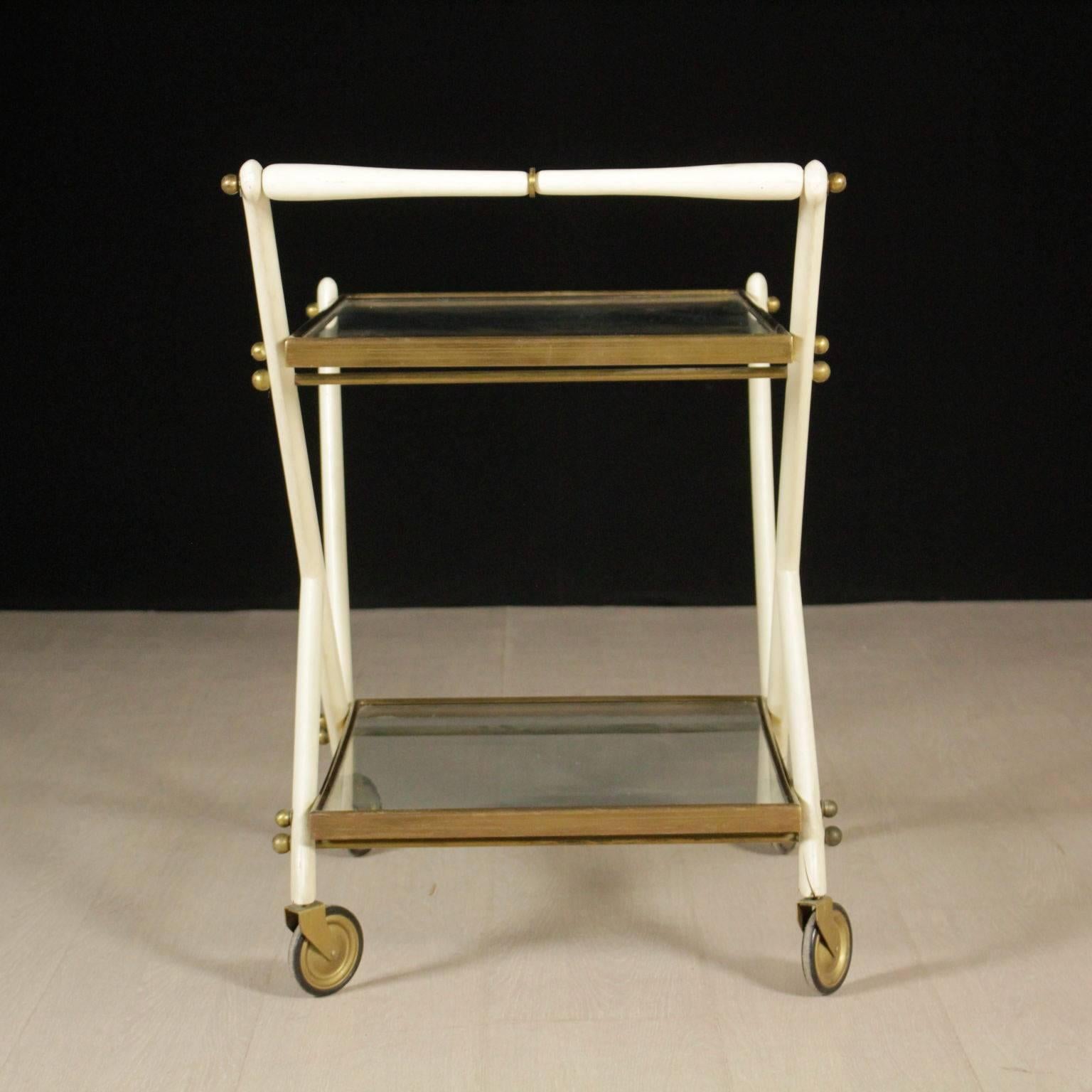 Service Cart Lacquered Wood Brass Glass Vintage Manufactured in Italy, 1950s 3