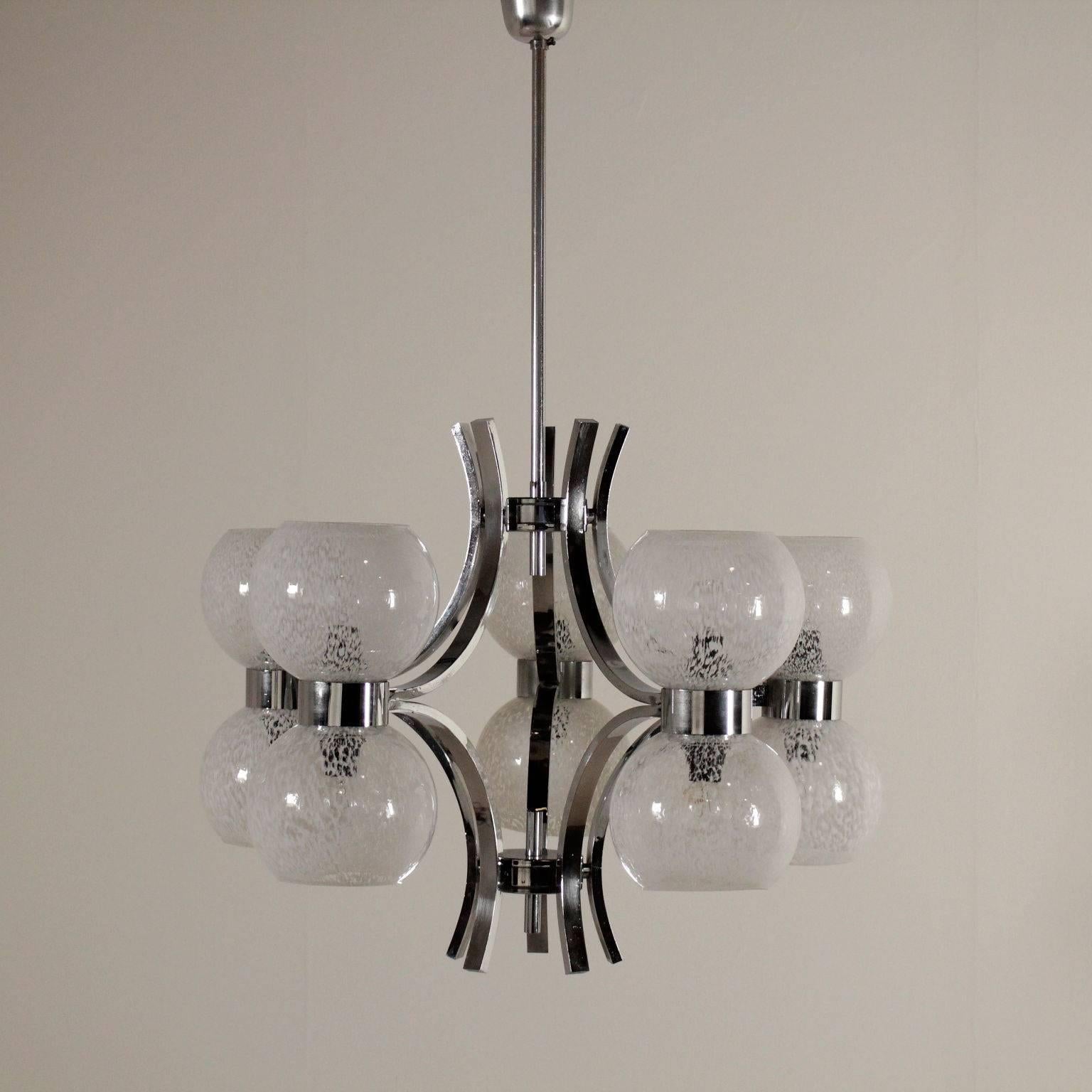 A ceiling lamp, chromed metal and glass. Manufactured in Italy, 1960s-1970s.