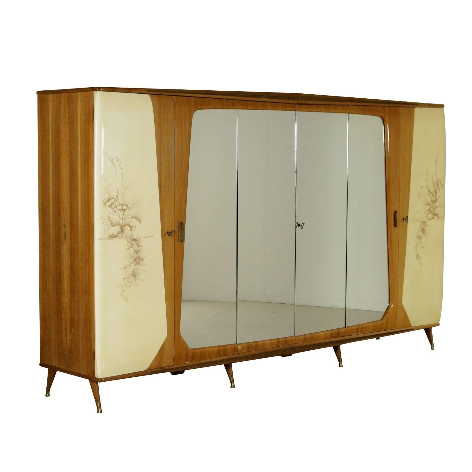 Wardrobe Mahogany Veneer Mirror Brass Vintage Manufactured in Italy, 1950s-1960s