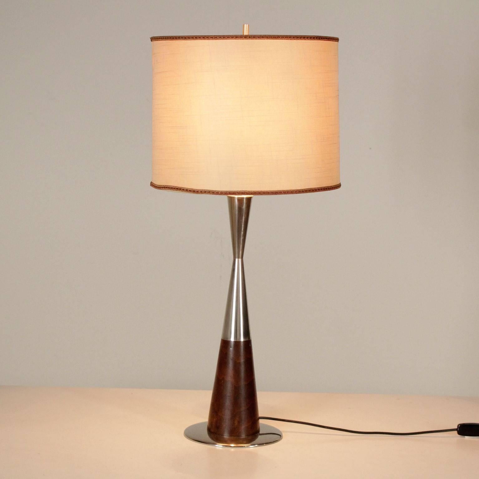 A table lamp, wood, chromed aluminium and fabric lampshade. Manufactured in Italy, 1950s.