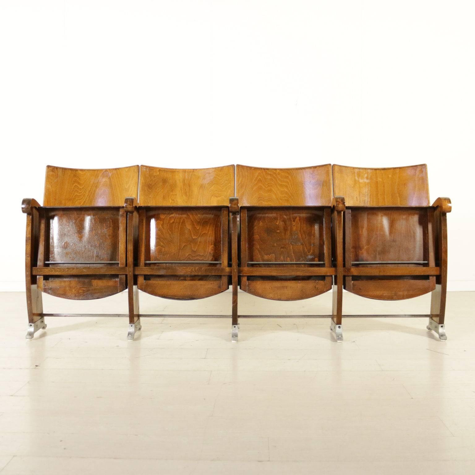 Mid-Century Modern Line of Cinema Chairs with Folding Seat Beech and Poplar Vintage, Italy, 1960s