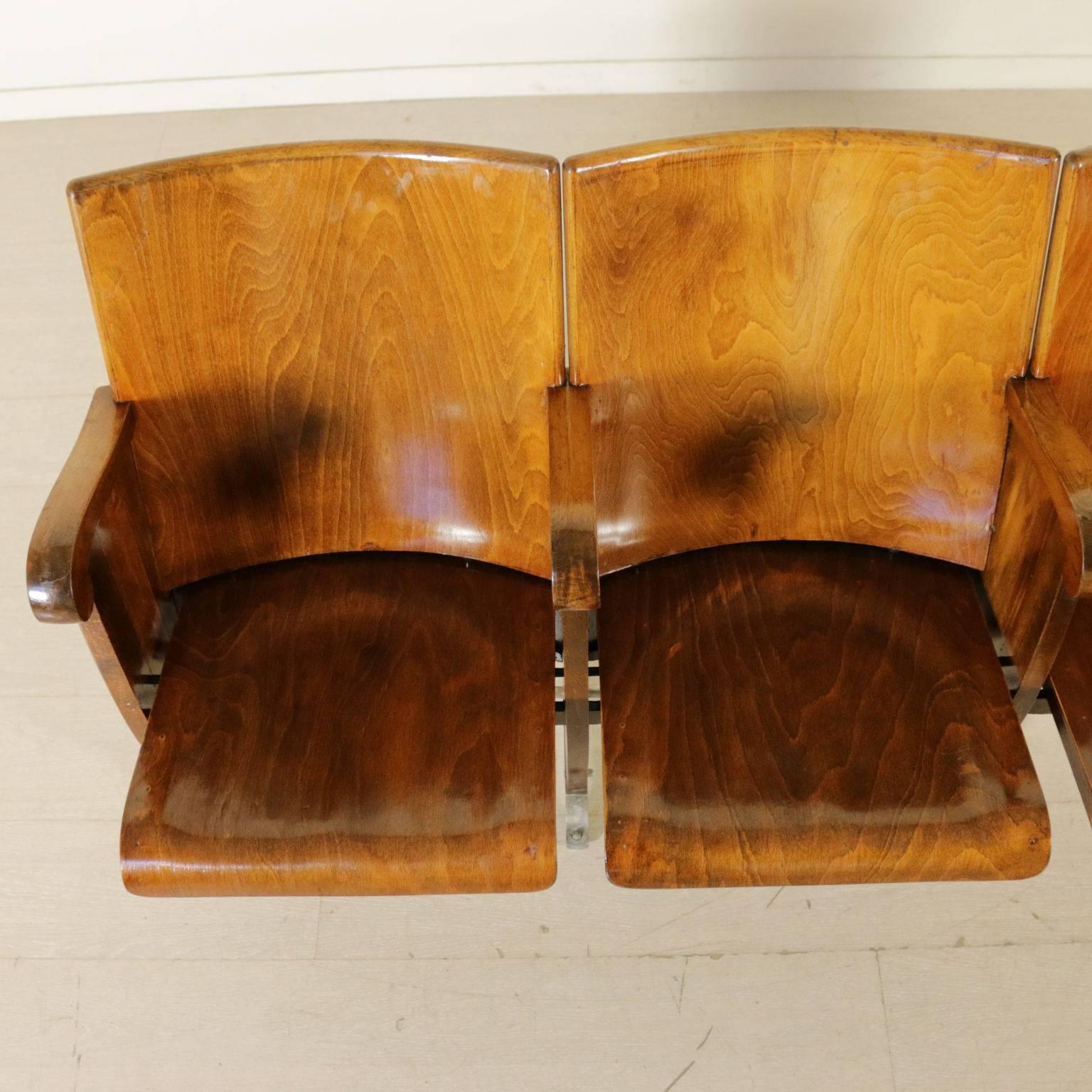 Line of Cinema Chairs with Folding Seat Beech and Poplar Vintage, Italy, 1960s In Good Condition In Milano, IT