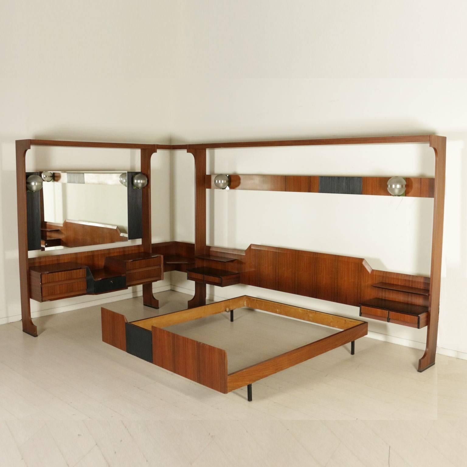 Double Bed with Hanging Bedside Tables Rosewood Veneer Vintage, Italy, 1960s 3