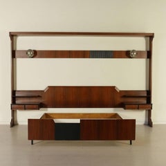 Double Bed with Hanging Bedside Tables Rosewood Veneer Vintage, Italy, 1960s