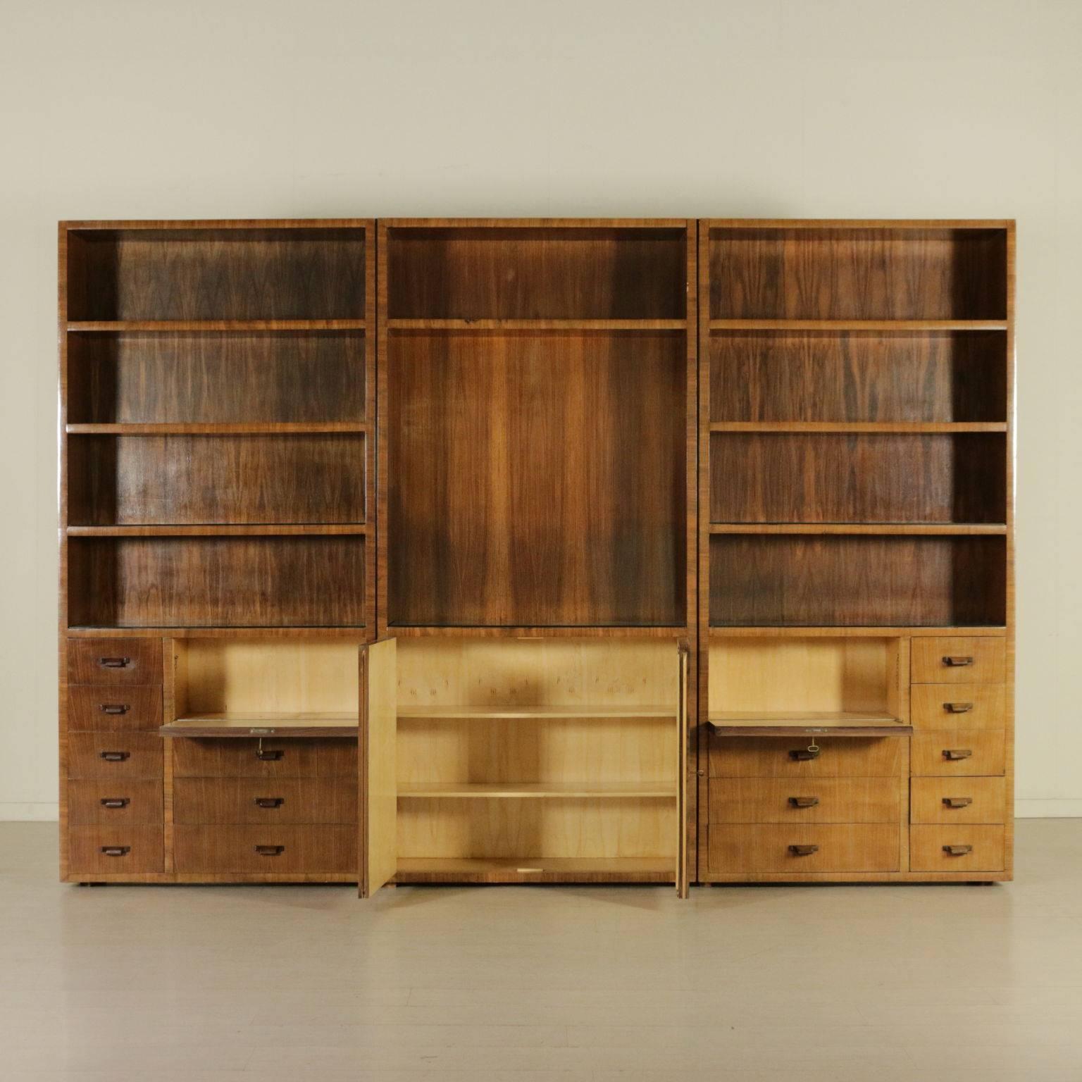 Mid-Century Modern Bookcase Rosewood Veneer Glass Vintage Manufactured in Italy, 1940s