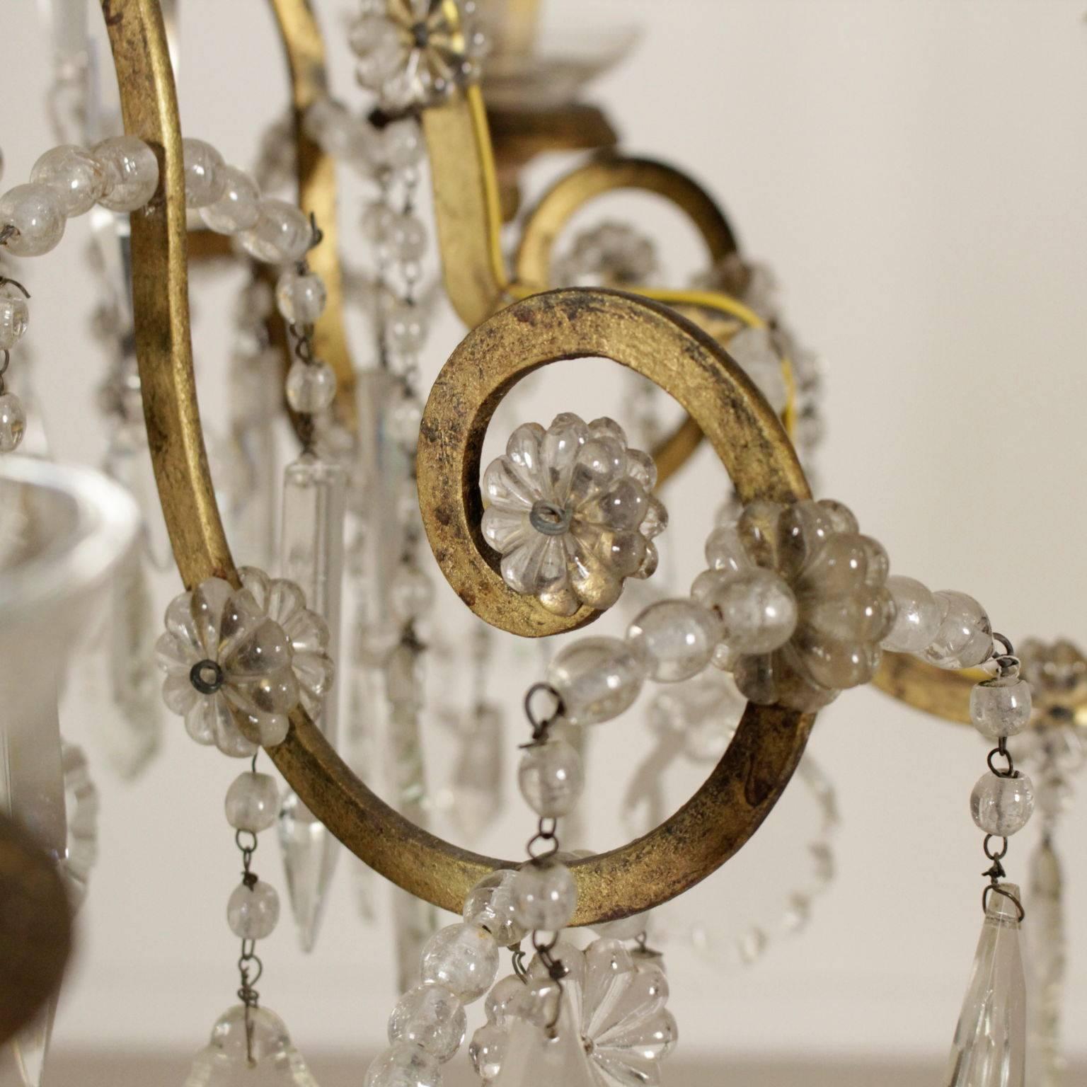 18th Century and Earlier Ceiling Lamp Gilded Iron Volutes Glass and Crystal Pendants, 18th Century