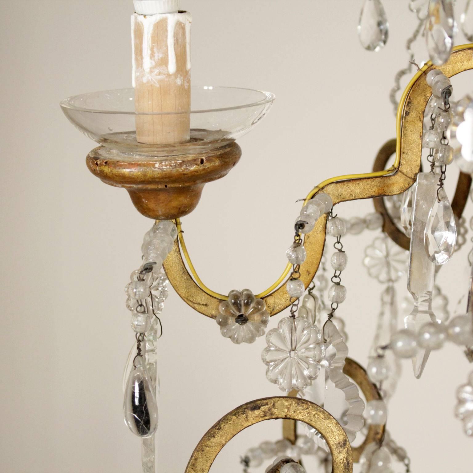 Italian Ceiling Lamp Gilded Iron Volutes Glass and Crystal Pendants, 18th Century