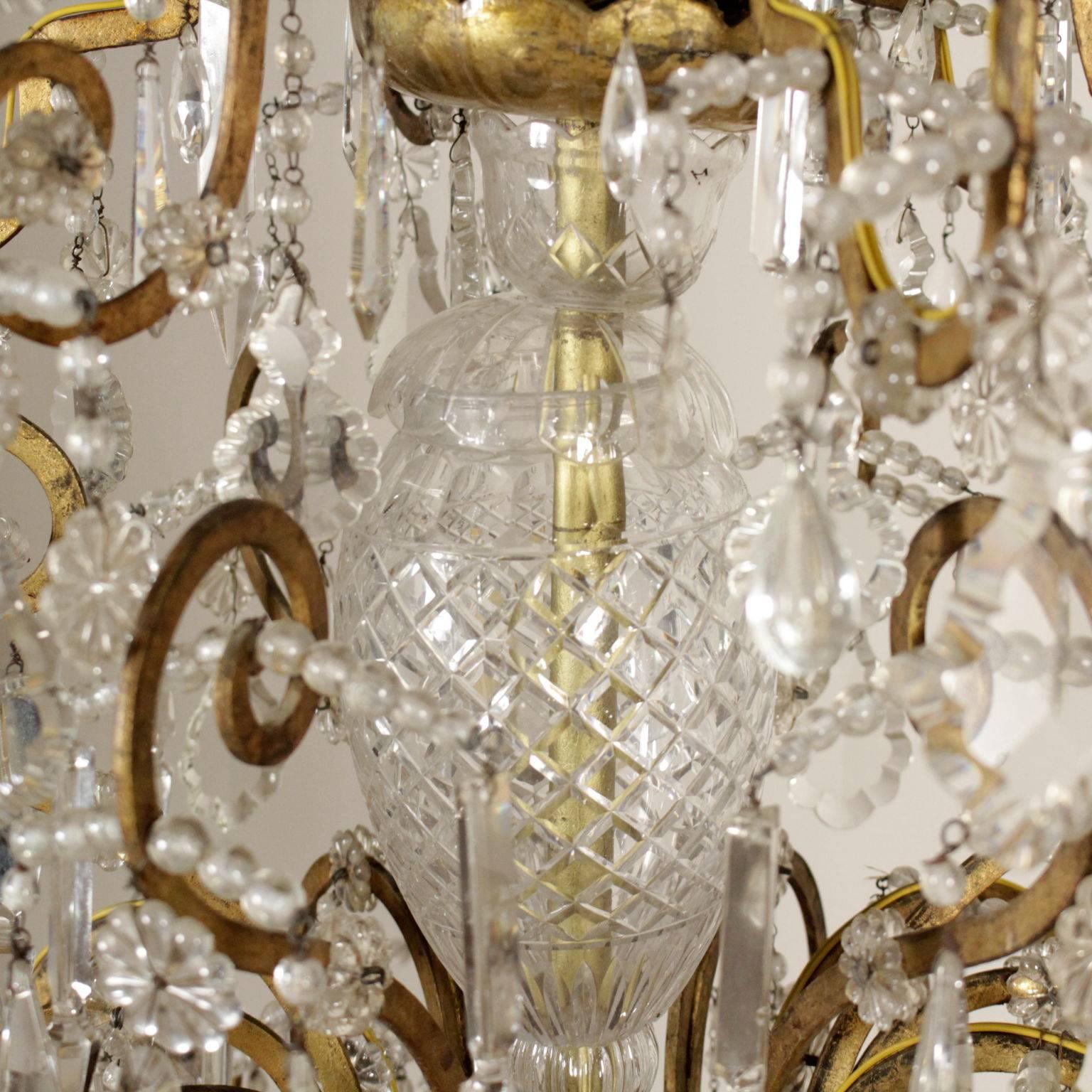 Ceiling Lamp Gilded Iron Volutes Glass and Crystal Pendants, 18th Century In Good Condition In Milano, IT