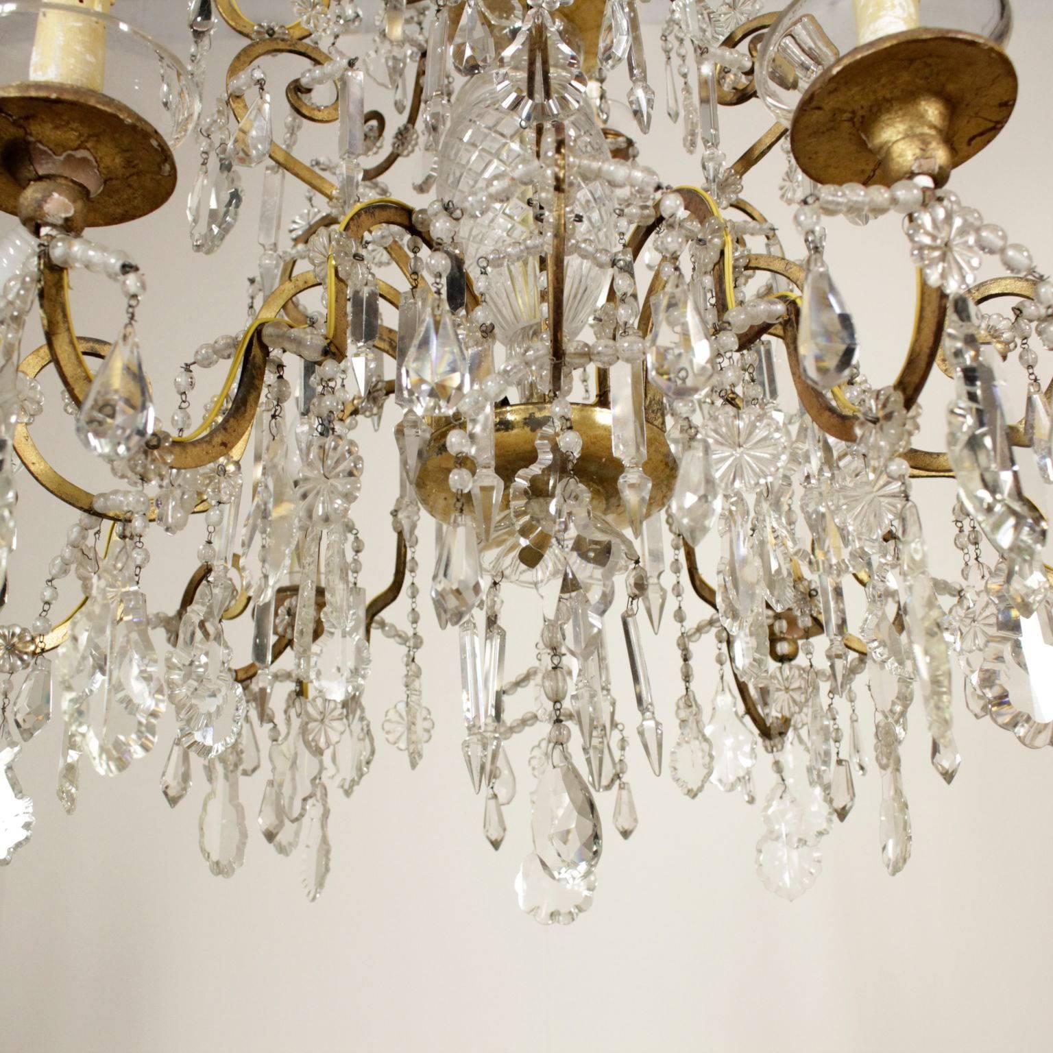Ceiling Lamp Gilded Iron Volutes Glass and Crystal Pendants, 18th Century 1