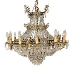 Gilded Bronze Glass Drops Ceiling Lamp, Manufactured in Italy, Mid-1900s