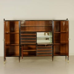Buffet Rosewood Veneer Brass Glass Vintage Manufactured in Italy 1950s-1960s