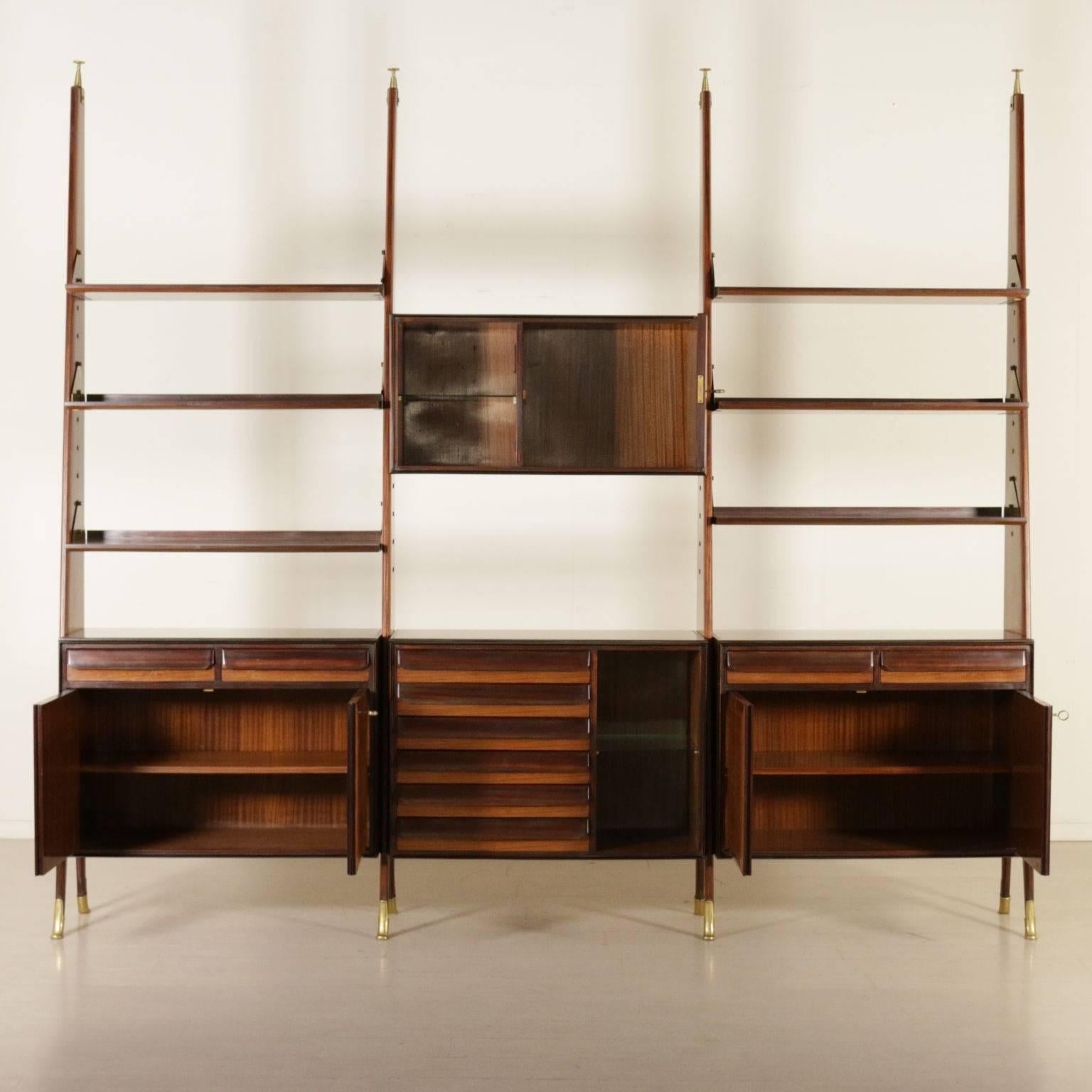 Mid-Century Modern Bookcase Rosewood Veneer Brass Vintage Manufactured in Italy 1950s-1960s