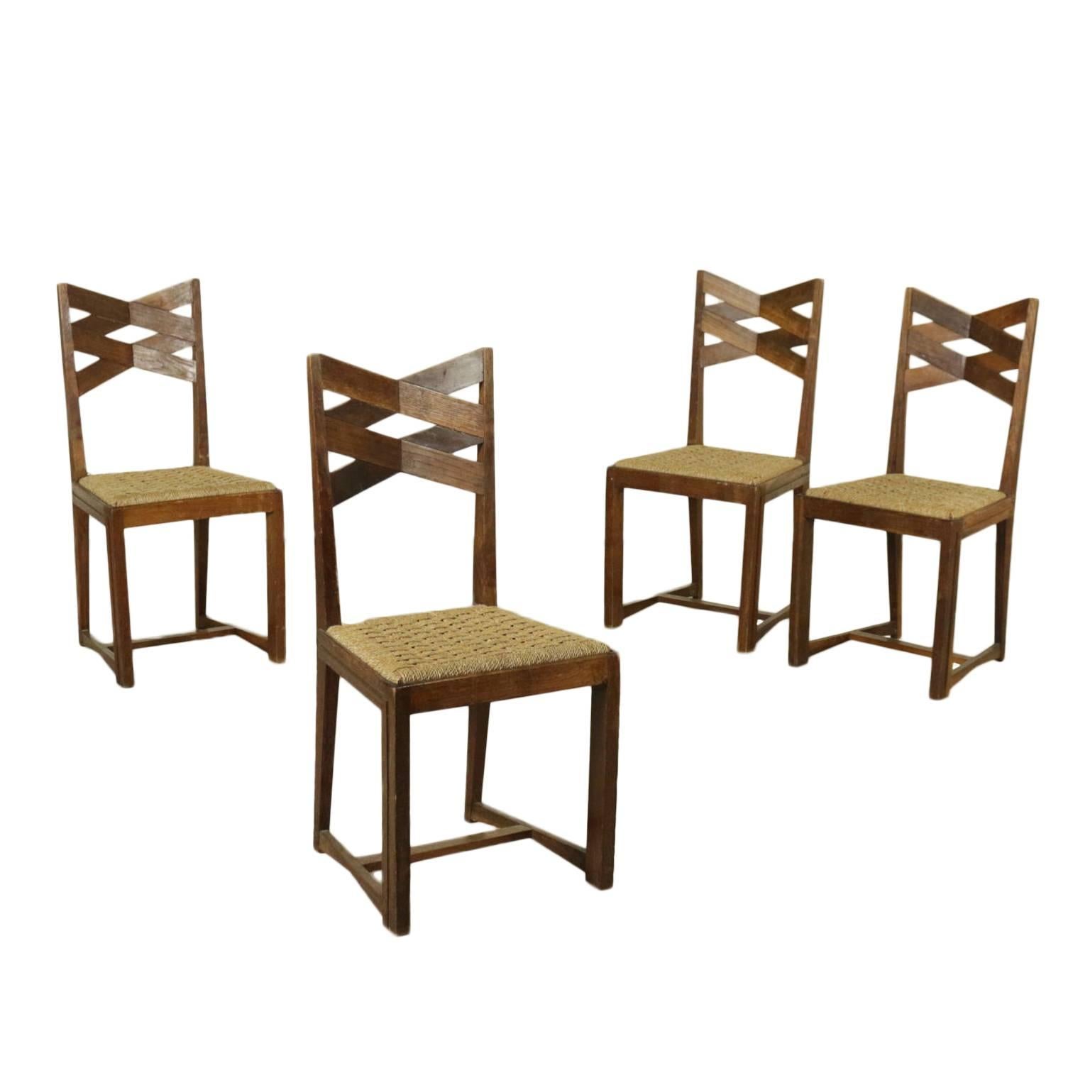Group of Four Chairs Oak Vintage Manufactured in Italy 1940s