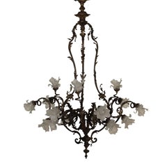 Ceiling Lamp Gilded Bronze Rococo Style Opaque Glass, Italy, Early 1900