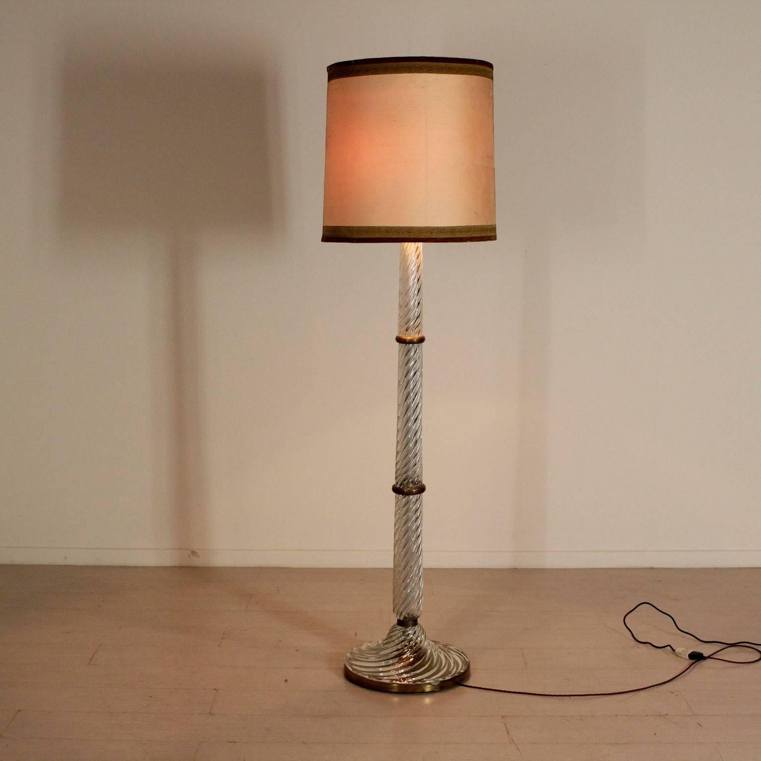 A floor lamp made of blown glass, brass, fabric lampshade. Manufactured in Italy, 1940s.