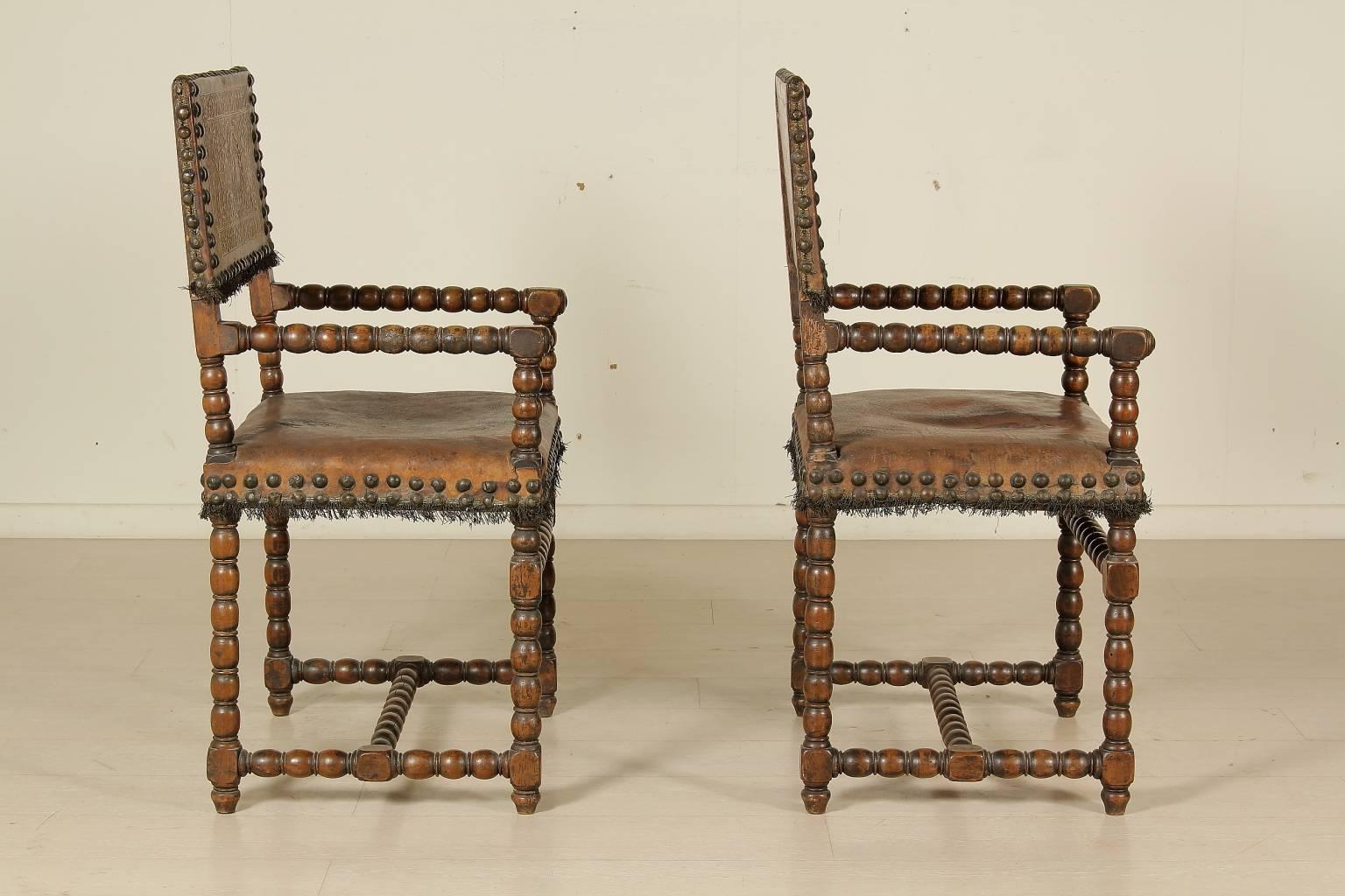 Italian Two 17th Century Renaissance Walnut and Leather Armchairs