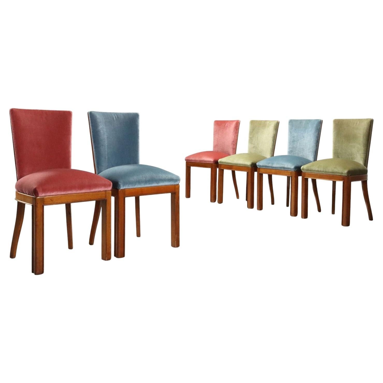 Set of Six Mid-Century Modern Chairs, Beech and Walnut, Velvet, Italy