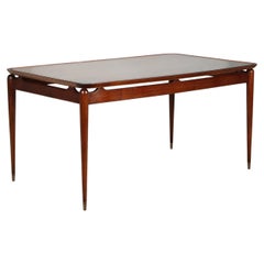Table des années 50-60 avec plateau en verre, restaurée.
