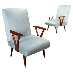 Elegant Restored Vintage Light Blue Velvet Armchairs from the 1950s–1960s