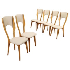 Six 1960s Chairs in Beech Wood and White Faux Leather