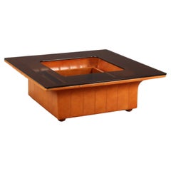 Frau 1970s Coffee Table in wood, leather, and glass top