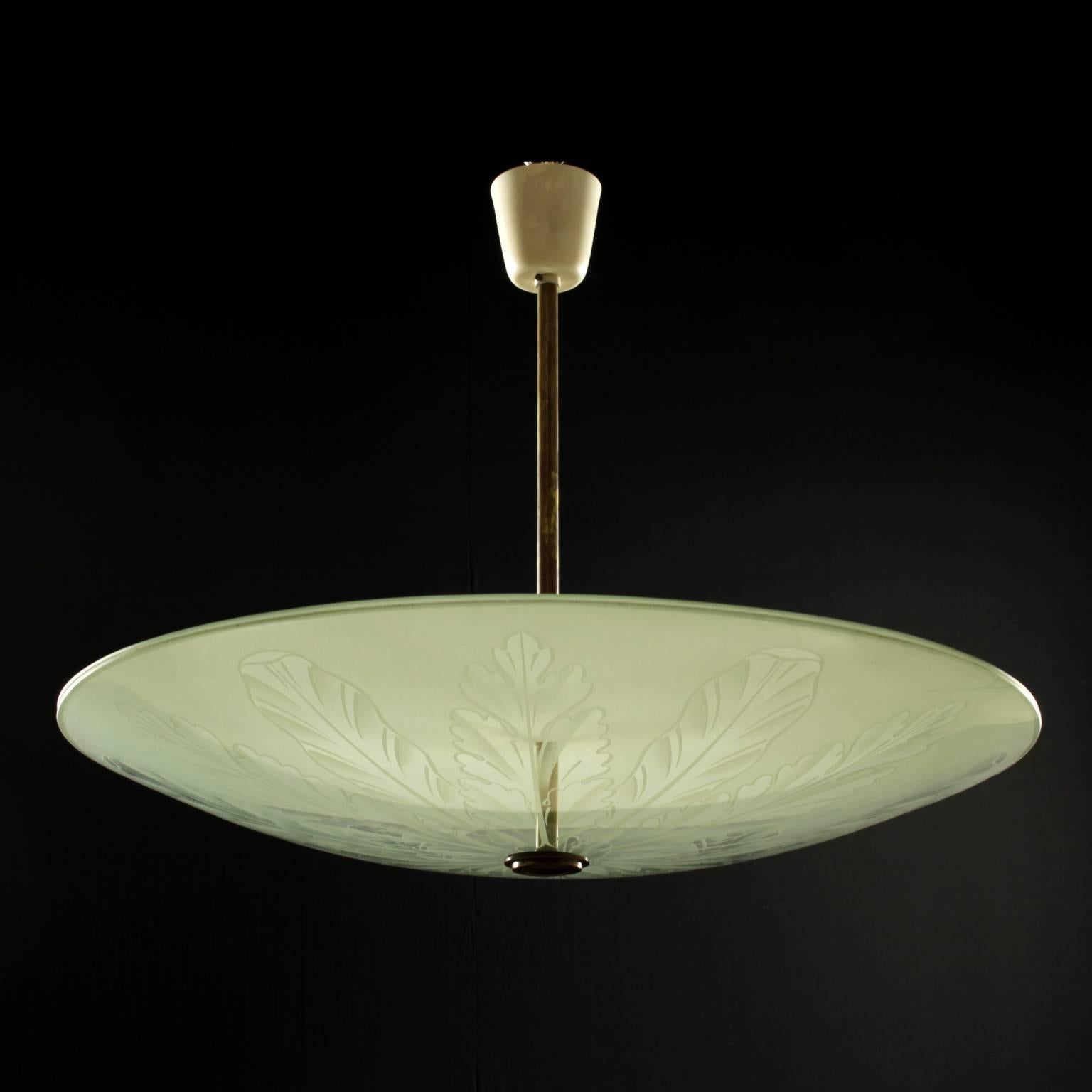 Ceiling lamp, brass, satin glass, engraving decoration. Manufactured in Italy, 1930s-1940s.