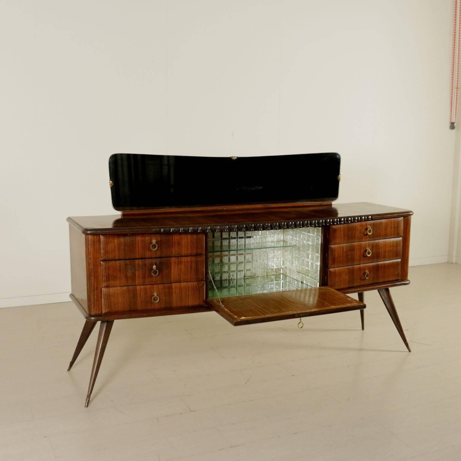 A sideboard with mirror, drawer and drop-leaf door. Rosewood veneer and retro treated glass. Manufactured in Italy, 1950s.